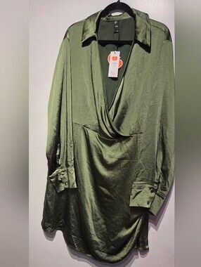 Cider Olive Green Satin Faux Wrap Mini Dress